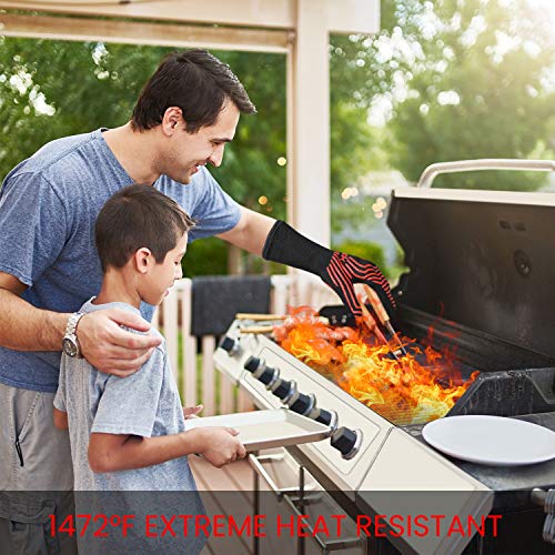 AngLink Guantes Barbacoa, Resistentes Al Calor hasta 800°C 1 Par Guantes de Cocina para Horno Microondas y Parrilla, Antideslizante Guantes para Cocinar Chimenea Hornear Asar 33cm Rojo