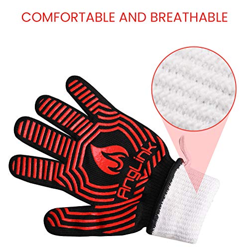 AngLink Guantes Barbacoa, Resistentes Al Calor hasta 800°C 1 Par Guantes de Cocina para Horno Microondas y Parrilla, Antideslizante Guantes para Cocinar Chimenea Hornear Asar 33cm Rojo