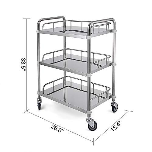 Anhon Carro Médico Grande de 3 Estantes con Ruedas Carro Utilitario de Acero Inoxidable Carro de Equipo de Laboratorio Carro Médico Herramienta para Salón de Belleza