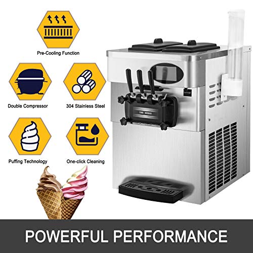 Anhon Máquina de Helados Suave Comercial 2200W 20-28L / 5.3-7.4 Galón/H Servidor de Helados Suave con Panel LCD de Limpieza Automática para Restaurantes 3 Sabores para Restaurantes Supermercados