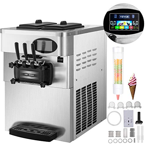 Anhon Máquina de Helados Suave Comercial 2200W 20-28L / 5.3-7.4 Galón/H Servidor de Helados Suave con Panel LCD de Limpieza Automática para Restaurantes 3 Sabores para Restaurantes Supermercados