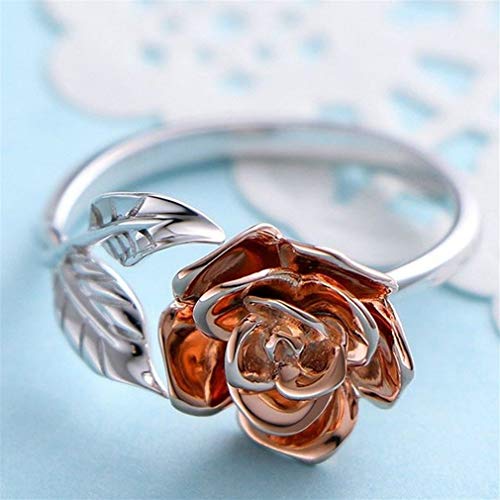 Anillo de compromiso de boda con diseño de hoja de rosa abierto, dos tonos para mujer