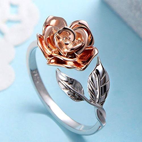 Anillo de compromiso de boda con diseño de hoja de rosa abierto, dos tonos para mujer