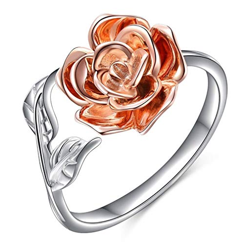 Anillo de compromiso de boda con diseño de hoja de rosa abierto, dos tonos para mujer