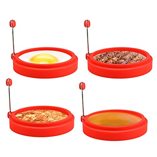 Anillos de huevo para freír, Welltop, paquete de 4 anillos de huevo antiadherentes de silicona para huevos fritos, tortitas, tortillas, crumpets (rojo)