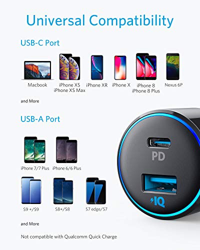 Anker Cargador de Coche USB-C, PowerDrive Speed+ Duo, Cargador de Coche USB de 2 Puertos con un Puerto de alimentación de 30 W para iPhone XS, XS MAX, XR, X, 8, iPad Pro, Air 2