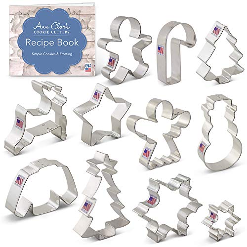 Ann Clark Cookie Cutters Juego de 11 cortadores de galletas invierno/Navidad con libro de recetas, copo de nieve, jersey, muñeco de nieve, hombre de jengibre, árbol de Navidad, reno y más