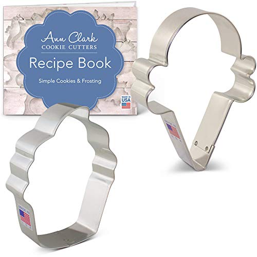 Ann Clark Cookie Cutters Juego de 2 cortadores de galletas dulce tentación con libro de recetas, pastelito y cucurucho de helado