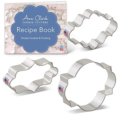 Ann Clark Cookie Cutters Juego de 3 cortadores de galletas placa/marco con libro de recetas, placa alargada elegante, placa ovalada y marco de foto
