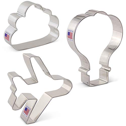 Ann Clark Cookie Cutters Juego de 3 cortadores de galletas transporte aéreo con libro de recetas, avión, nube y globo aerostático