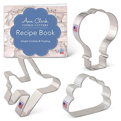 Ann Clark Cookie Cutters Juego de 3 cortadores de galletas transporte aéreo con libro de recetas, avión, nube y globo aerostático