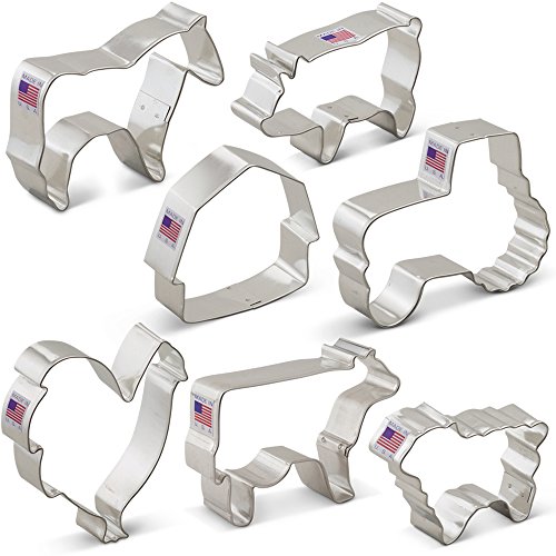 Ann Clark Cookie Cutters Juego de cortadores de galletas granja - 7 piezas - Gallo, vaca, cerdo, cordero, caballo, granero y tractor - Acero fabricado en EE. UU.