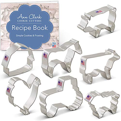 Ann Clark Cookie Cutters Juego de cortadores de galletas granja - 7 piezas - Gallo, vaca, cerdo, cordero, caballo, granero y tractor - Acero fabricado en EE. UU.