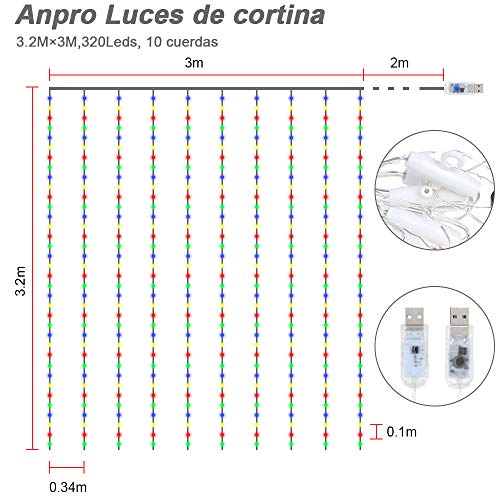 Anpro Luz Cadena Luz de Cortina USB, 4 Colores con 320 Bombillas LED, 8 Modos,3.2m X 3 m,Luz Cortina para Fiestas,Navidad,Año nuevo