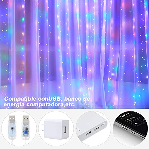 Anpro Luz Cadena Luz de Cortina USB, 4 Colores con 320 Bombillas LED, 8 Modos,3.2m X 3 m,Luz Cortina para Fiestas,Navidad,Año nuevo