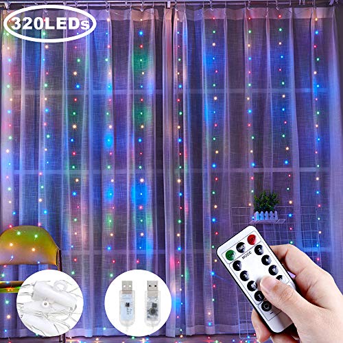 Anpro Luz Cadena Luz de Cortina USB, 4 Colores con 320 Bombillas LED, 8 Modos,3.2m X 3 m,Luz Cortina para Fiestas,Navidad,Año nuevo