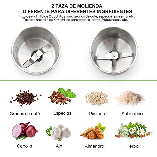 Anpro Molinillo de Café Eléctrico de Acero Inoxidable con 2 Tazas y Botella de Zumo para Pimienta,Sal,Especias,Semillas,Frutos,350W Potencia,2 Usos para Molinillo de Café y Exprimir el Jugo