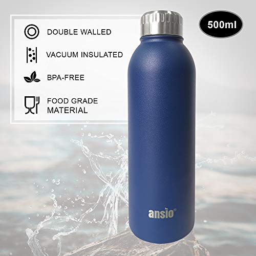 ANSIO Botella de Agua, Frasco de vacío y Botella de Agua de Acero Inoxidable Botella de Bebidas con Aislamiento Doble Pared Botella de Agua Caliente y fría sin BPA al Aire Libre - 500ML -Azul Oscuro