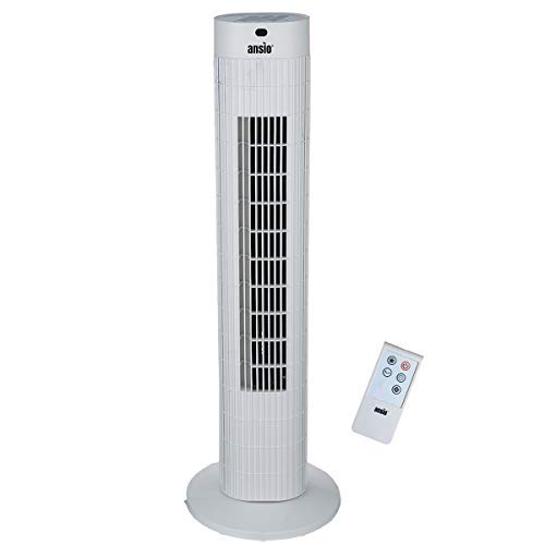 ANSIO Ventilador de torre oscilante de 30 pulgadas (76,2 cm) con mando a distancia, 3 velocidades, 3 modos de viento y cable largo de 1,75 m.-Blanco (pilas NO incluidas)2 años de garantía