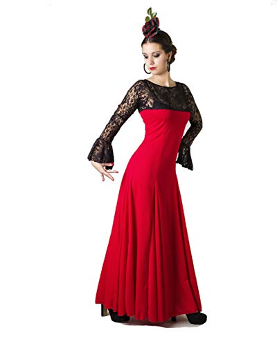 ANUKA Traje Profesional de Danza Flamenco para Mujer. Vestido con Manga y Escote a la Caja en blonda elástica. Fabricado en España (Rojo/Negro, L)