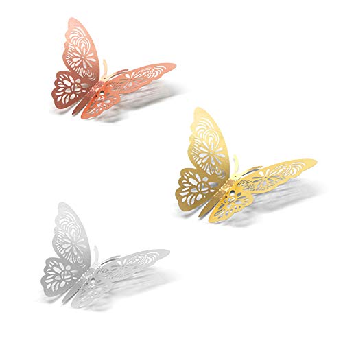 Anyasen 60 piezas Mariposa Decorativas 3D Pegatina de Pared de Adhesivos Paredes Decoración de Mariposas de Papel Pegatinas de Pared Adornos Pared Decoración para Hogar Decoracion, Oro/Plata/Oro Rosa