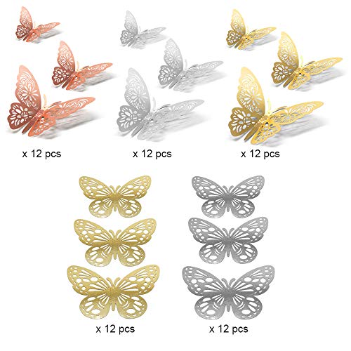 Anyasen 60 piezas Mariposa Decorativas 3D Pegatina de Pared de Adhesivos Paredes Decoración de Mariposas de Papel Pegatinas de Pared Adornos Pared Decoración para Hogar Decoracion, Oro/Plata/Oro Rosa