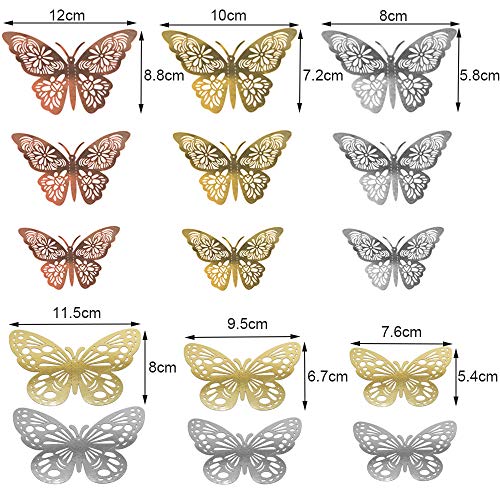 Anyasen 60 piezas Mariposa Decorativas 3D Pegatina de Pared de Adhesivos Paredes Decoración de Mariposas de Papel Pegatinas de Pared Adornos Pared Decoración para Hogar Decoracion, Oro/Plata/Oro Rosa