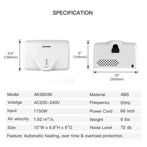 anydry AD2803K Secador de Manos súper Mini,Secador de Manos eléctrico de Alta Velocidad,Carcasa de ABS,con Enchufe estándar de la UE. (Blanco)