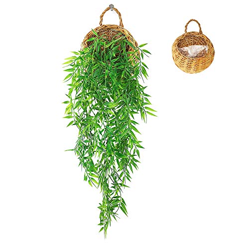 ANZOME - Cesta de vid artificial para colgar plantas falsas para colgar en el hogar, pared interior, exterior, boda, fiesta, jardín, cesta colgante, Hojas de bambú, Madera, Bamboo Leaves