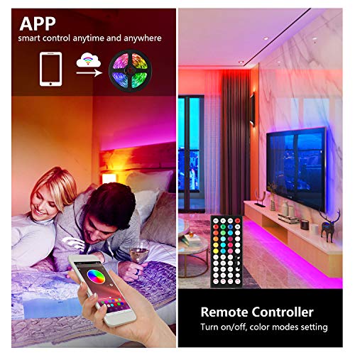 AOGUERBE Tiras de Luz LED 15M Tira de Luz de Cambio de Color de Música con Control Remoto 44 Teclas Control Remoto IR 5050 Kit de Tira de Luz LED RGB para Hogar, Fiesta, Cocina TV-APP controlada