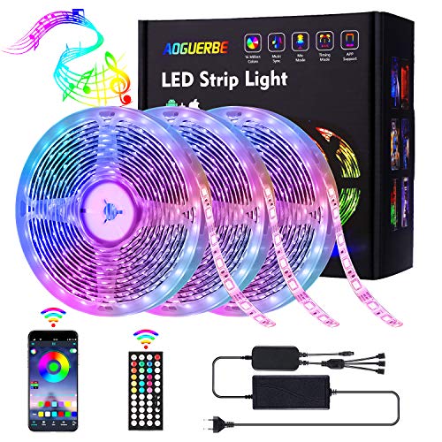 AOGUERBE Tiras de Luz LED 15M Tira de Luz de Cambio de Color de Música con Control Remoto 44 Teclas Control Remoto IR 5050 Kit de Tira de Luz LED RGB para Hogar, Fiesta, Cocina TV-APP controlada