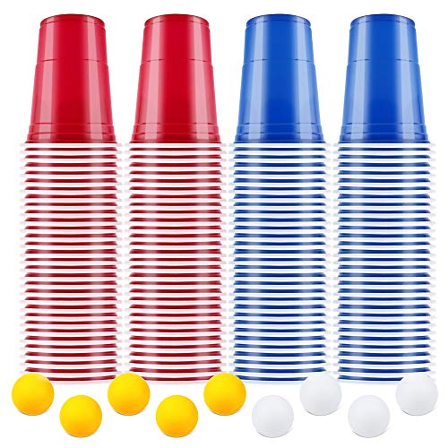 AOLUXLM Tazas de Fiesta, Vasos para Beber, 100 Beer Pong Tazas de Americanas y 10 Bolas, Vasos Desechables para Fiesta Navidad Cumpleaños