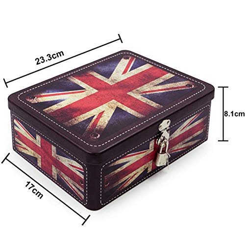 Aoneky Caja de Almacenaje con Tapa y Candado Llave - Caja Decorativa de Almacenaje de Metal Hojalata, Caja Metálica con Dibujo de Bandera del Reino Unido, Decoración de Hogar Casa, Estilo Retro