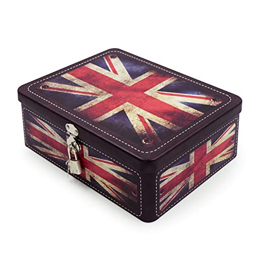 Aoneky Caja de Almacenaje con Tapa y Candado Llave - Caja Decorativa de Almacenaje de Metal Hojalata, Caja Metálica con Dibujo de Bandera del Reino Unido, Decoración de Hogar Casa, Estilo Retro