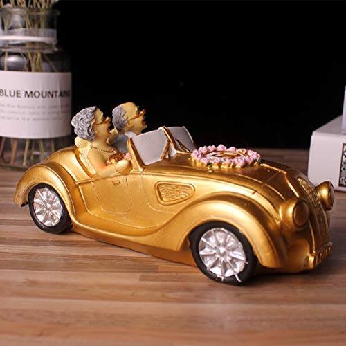 Aoneky Figura de Bodas de Oro para Pastel Tarta - Figura de Pareja en Coche para 50 Aniversario, Regalo Original para Padres Abuelos, Decoración de Resina para Pastel Tarta, Color Dorado