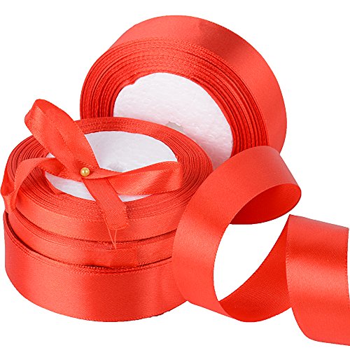 AONER 91m 4 Rollos Cinta de Satén Raso Seda Rojo Banda para Envolver Regalo Decoración de Cajas Pastel Boda Navidad Manualidades (50 Yardas 10mm+50 Yardas 25mm)