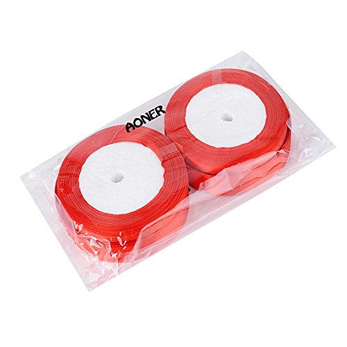 AONER 91m 4 Rollos Cinta de Satén Raso Seda Rojo Banda para Envolver Regalo Decoración de Cajas Pastel Boda Navidad Manualidades (50 Yardas 10mm+50 Yardas 25mm)