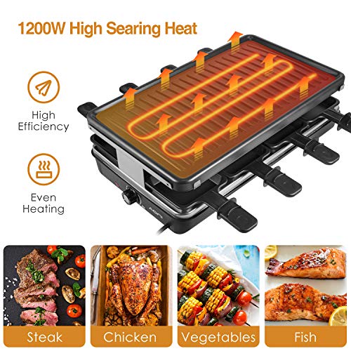 AONI Electrica Raclette Grill Parrilla de fiesta sin humo Parrilla de barbacoa eléctrica con superficie de asado antiadherente, control de temperatura de 1200W, sirve a toda la familia