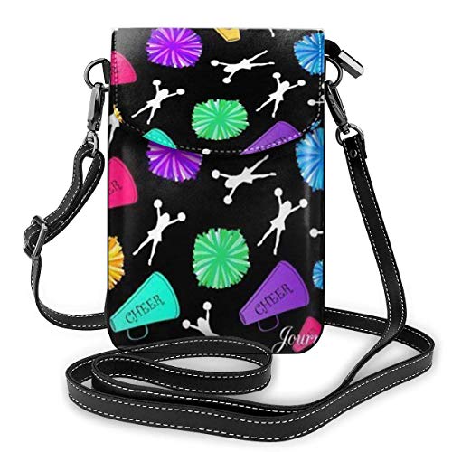 AOOEDM, bolso cruzado para teléfono celular, megáfono negro, pompones, bolso multicolor de cuero PU para mujer con correa ajustable