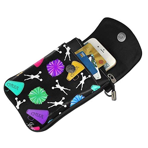 AOOEDM, bolso cruzado para teléfono celular, megáfono negro, pompones, bolso multicolor de cuero PU para mujer con correa ajustable