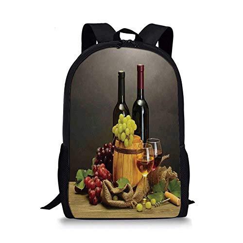 AOOEDM Winery Decor Elegante Bolso Escolar, Botellas de Barril y Copas de Vino y Uvas maduras en una Mesa de Madera, Cuadro Decorativo para niños, 11 'L x 5' W x 17 'H