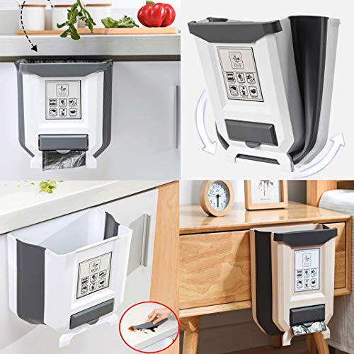 AOOPOO Cocina Cubo de Basura, 9L Basurero Plegable Bote de Basura Colgante Cubo para Cocina Basura Extraible Pequeño para Hogar Coche Baño y Oficina, Cubo de Almacenamiento Colgante (Gris)