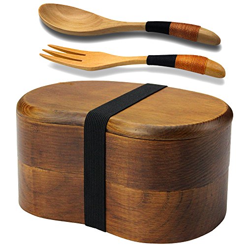 AOOSY Bento Lunch Box, Kids Lunch Box, Japanese Bento Box for Adults Sandwich Lunch Containers Sushi Box 2-tier Wood Bento Boxes with Fork Spoon