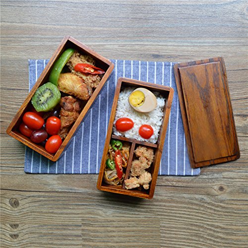 AOOSY Lunch Box Bento Box Fiambrera Japonesa tradicional de madera natural caja de almuerzo doble alimentos frutas Sushi Sandwich Container escuela de viaje para Camping (con tenedor cuchara Kit)