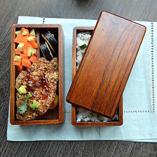 AOOSY Lunch Box Bento Box Fiambrera Japonesa tradicional de madera natural caja de almuerzo doble alimentos frutas Sushi Sandwich Container escuela de viaje para Camping (con tenedor cuchara Kit)