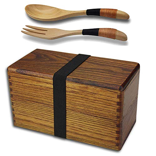 AOOSY Lunch Box Bento Box Fiambrera Japonesa tradicional de madera natural caja de almuerzo doble alimentos frutas Sushi Sandwich Container escuela de viaje para Camping (con tenedor cuchara Kit)