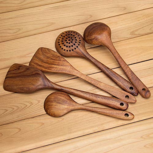 AOOSY Utensilios de Madera para Cocina,5 uds. Herramientas de Cocina de Madera Japonesa Juegos de Utensilios Que no se Rayan, incluida Cuchara de espátula de Madera para sartenes antiadherentes