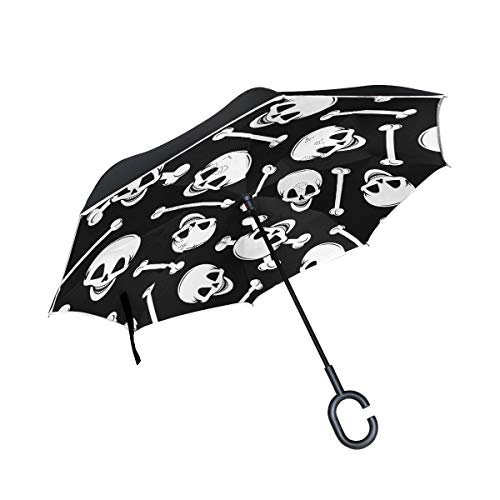 AOTISO Calavera de azúcar Blanca con sombrilla Invertida de Hueso, sombrilla Reversible Grande para Coche de Lluvia de Doble Capa al Aire Libre