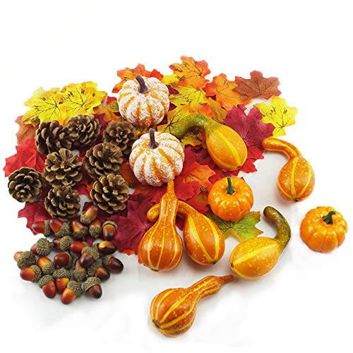 Aoweika - Decoración de otoño para Halloween, diseño de calabazas artificiales y calabazas, hojas de arce, conos de pino, bellotas falsas pequeñas calabazas, decoración de otoño