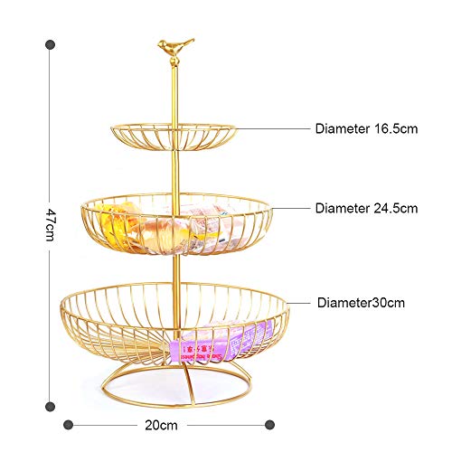 Apark Frutero de 3 pisos, Desmontable Metal Cesta Fruta, para Conservan Frutas, Verduras, Bocadillos o Pan, Tamaño de la Cesta de Frutas: 16.5CM, 24.5CM, 30CM, Altura: 47CM (Dorado)